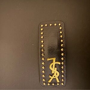 Brand new women’s upcycled ysl Black Leather hair Clip with Gold logo